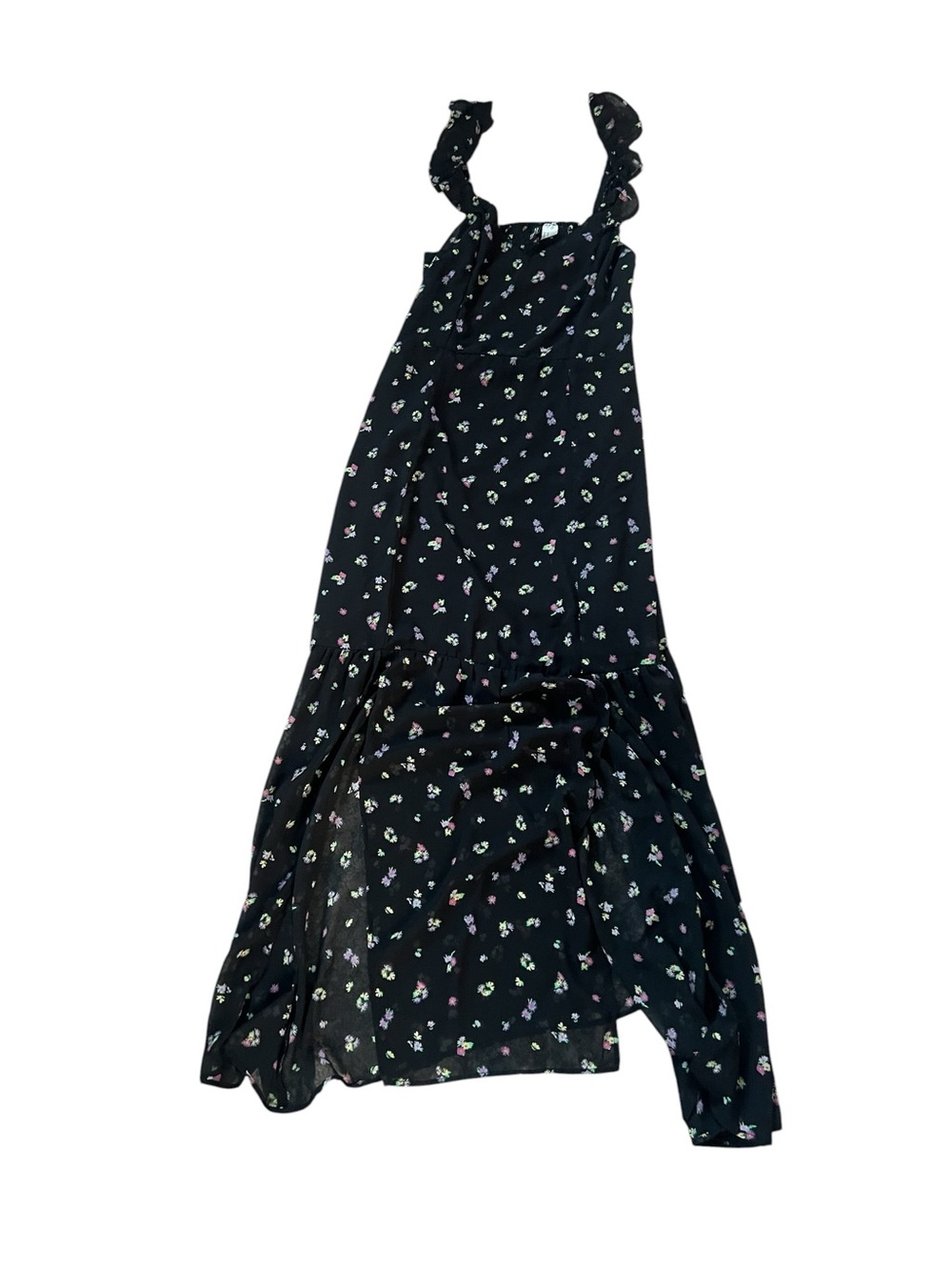 Divided Black Floral Sundress with Ruffle Straps